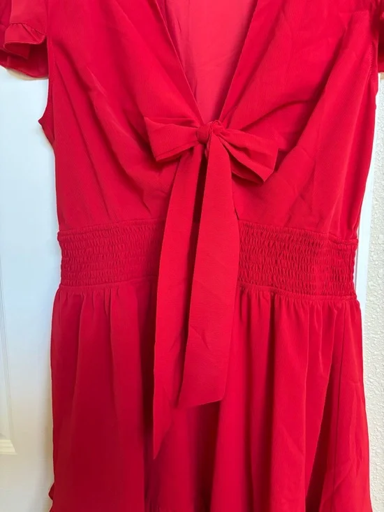 Red Tie-Front Ruffle Dress - Picture 3 of 12